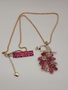 Betsey Johnson Pink Crystal Peacock Pendant Necklace Gold Tone 28" Chain
